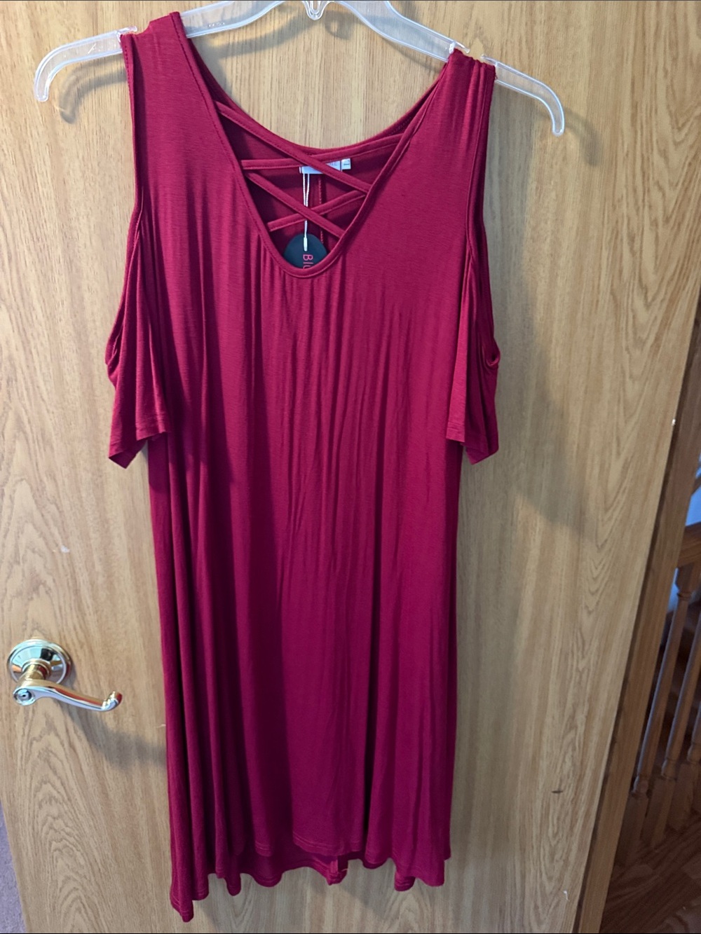 Cold-Shoulder Crisscross Midi Dress in Deep Red